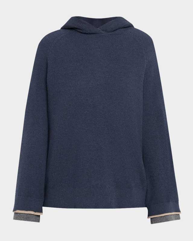 Two-Tone Monili Cuff Wool-Cashmere Knit Hoodi